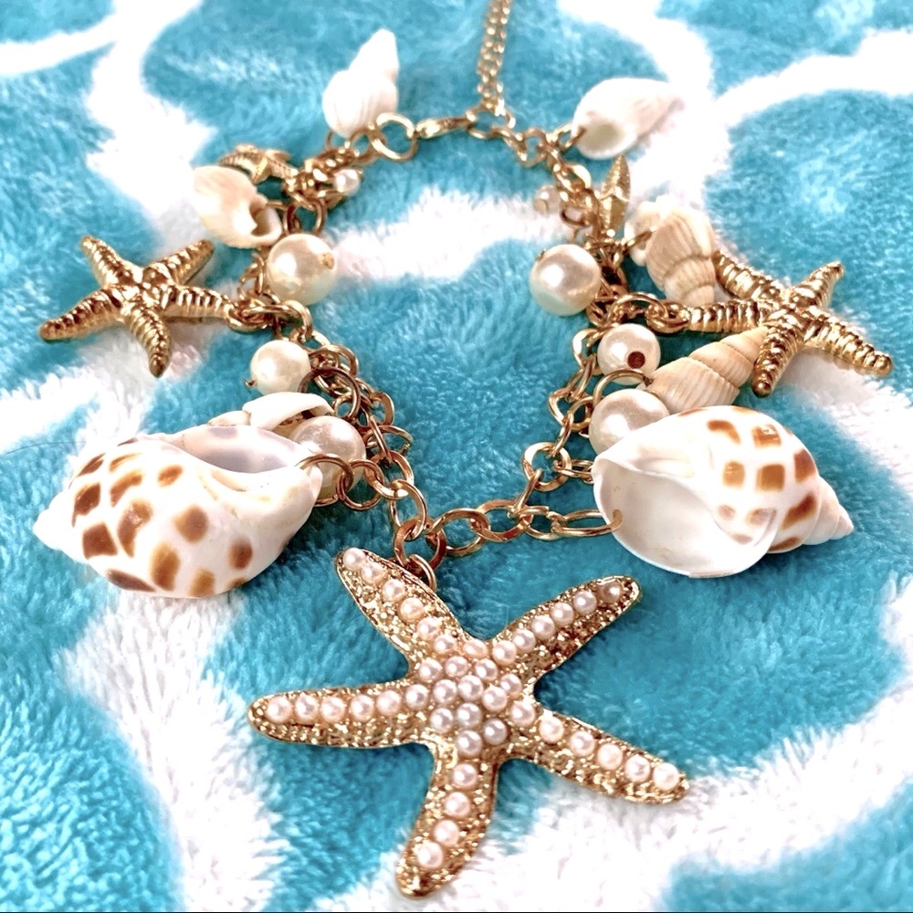 Gold Seashell Starfish Tropical Nautical Bracelet
